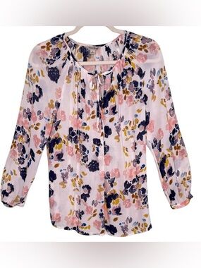 Lucky Brand Floral Peasant Boho Blouse Tie Neck Size Small